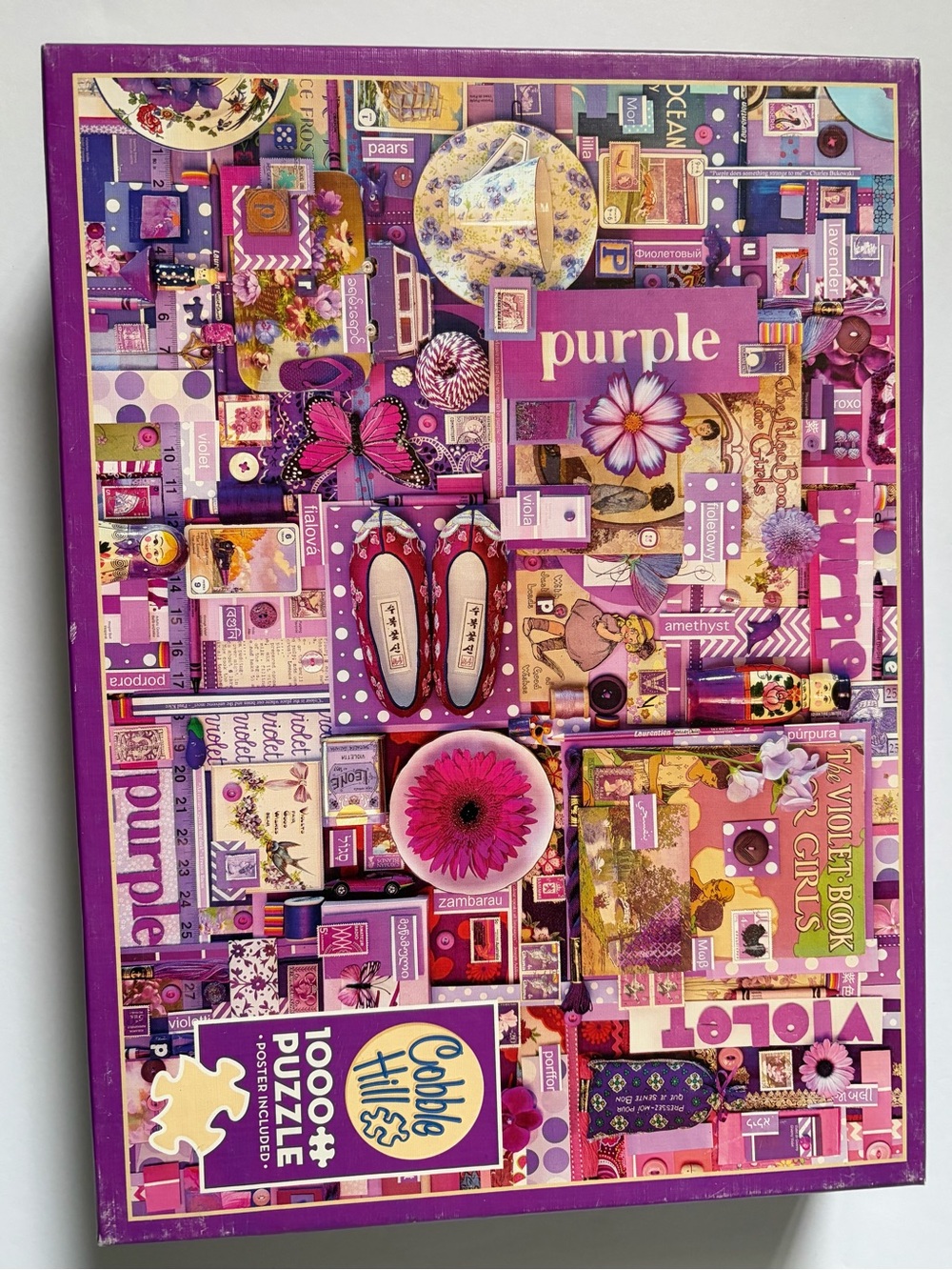 Cobble Hill 1000 Piece Puzzle Purple Collage By Shelley Davies with Poster.